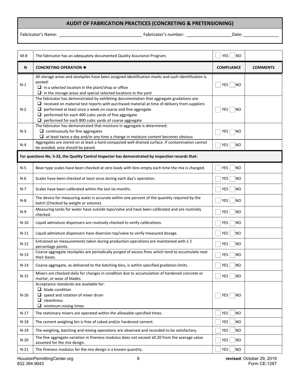 Form G (CE-1287) Audit of Fabrication Practices (Concreting  Pretensioning) - City of Houston, Texas, Page 6