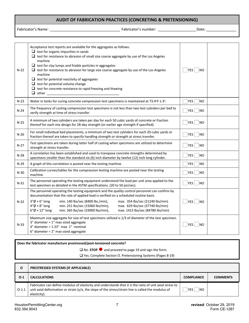 Form G (CE-1287) Audit of Fabrication Practices (Concreting  Pretensioning) - City of Houston, Texas, Page 7