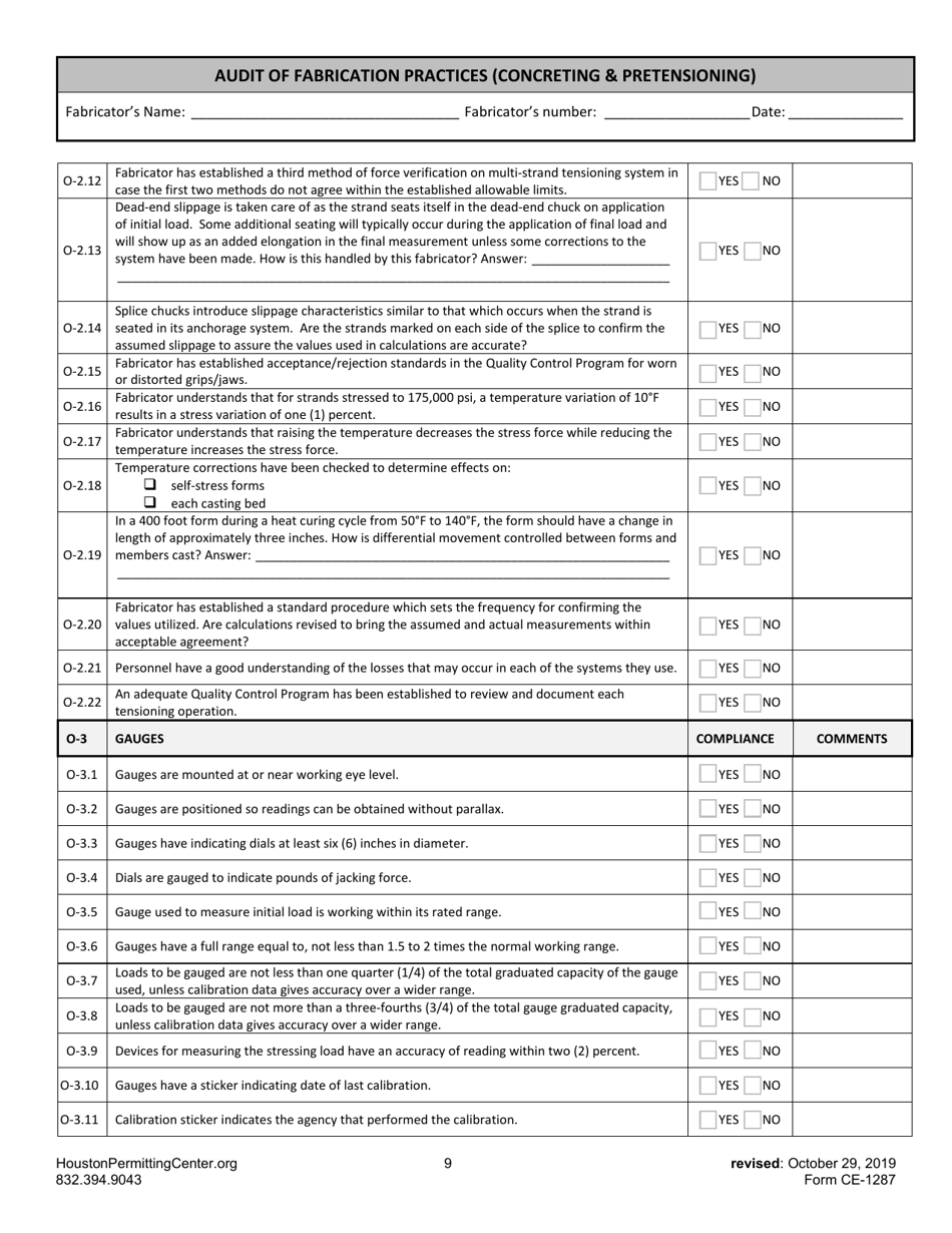 Form G (CE-1287) Audit of Fabrication Practices (Concreting  Pretensioning) - City of Houston, Texas, Page 9