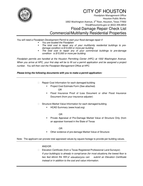 Flood Damage Repair Checklist for Commercial and Multifamily Residential Properties - City of Houston, Texas Download Pdf