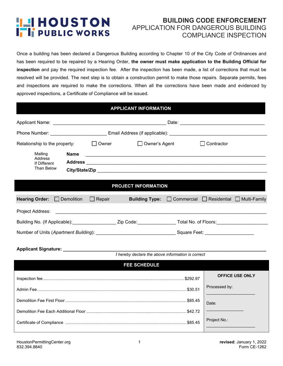Form CE-1262 Application for Dangerous Building Compliance Inspection - City of Houston, Texas, Page 1