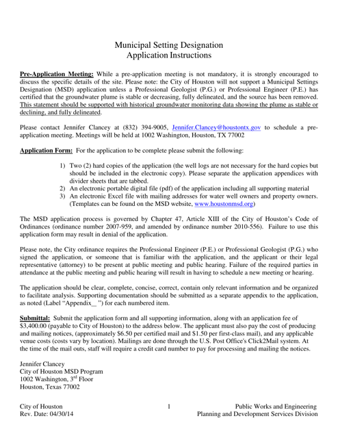 Application for Approval of Municipal Setting Designation - City of Houston, Texas Download Pdf