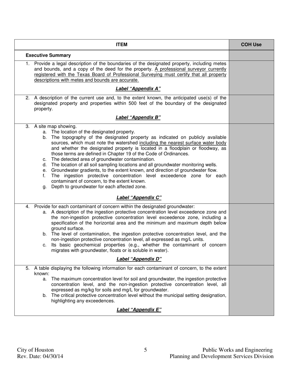 Application for Approval of Municipal Setting Designation - City of Houston, Texas, Page 5