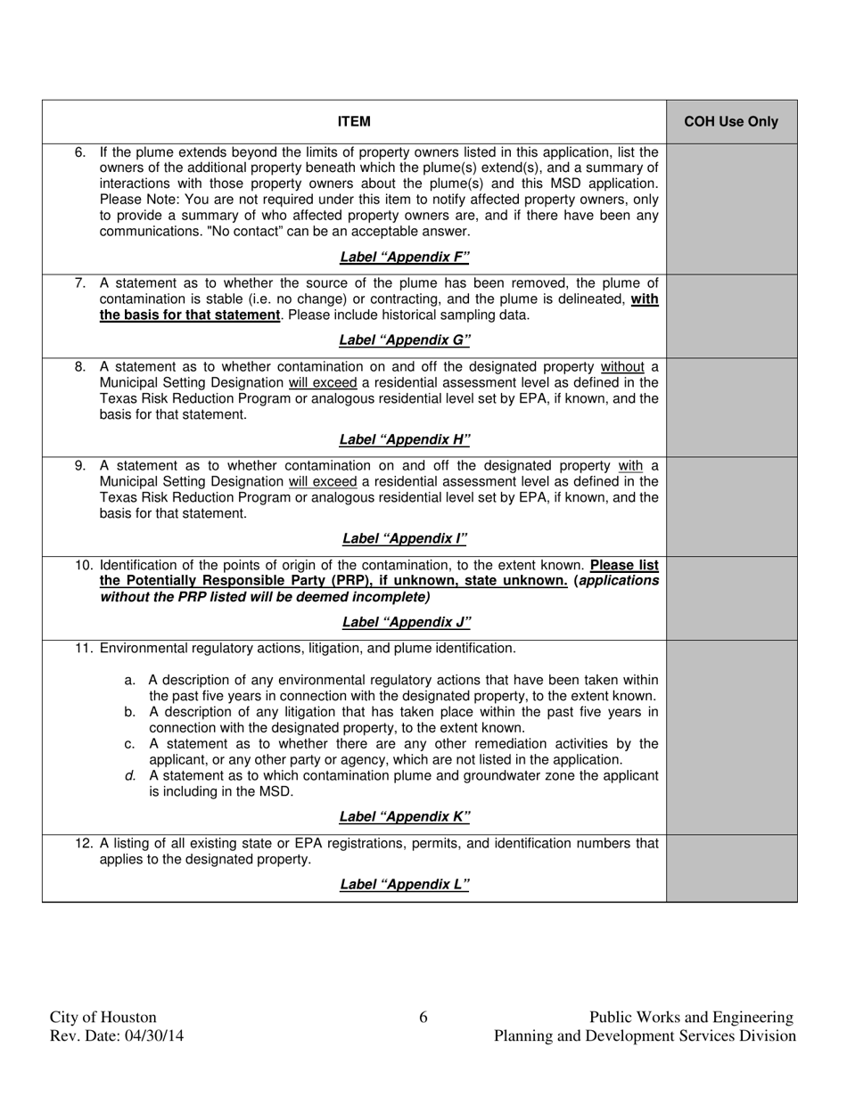 Application for Approval of Municipal Setting Designation - City of Houston, Texas, Page 6
