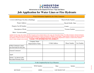 Document preview: Job Application for Water Lines or Fire Hydrants - City of Houston, Texas