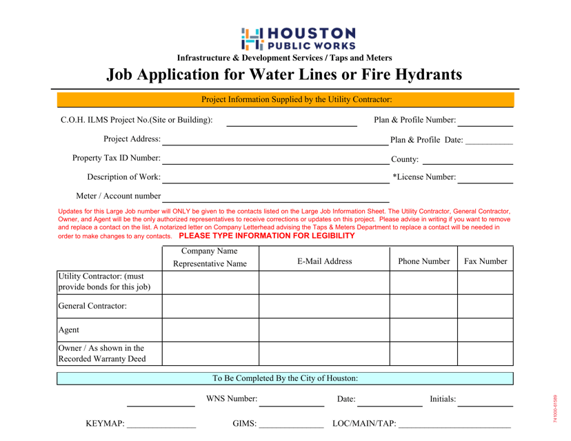 Job Application for Water Lines or Fire Hydrants - City of Houston, Texas Download Pdf
