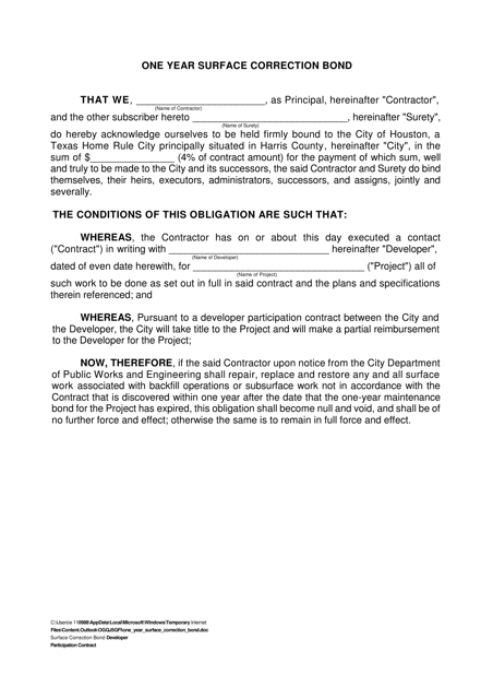 One Year Surface Correction Bond - City of Houston, Texas Download Pdf