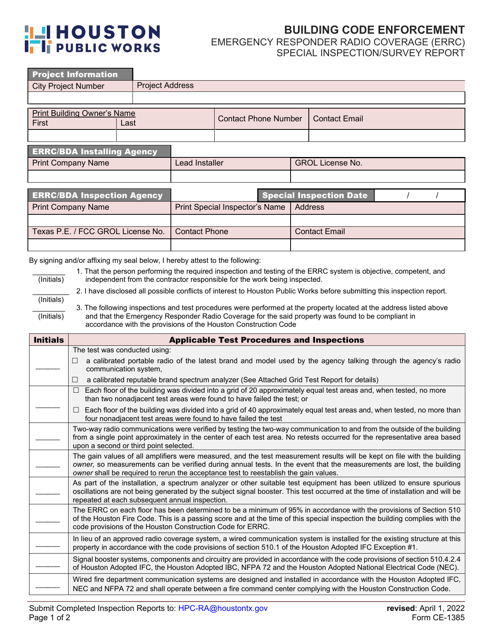 Form CE-1385 Emergency Responder Radio Coverage (Errc) Special Inspection/Survey Report - City of Houston, Texas