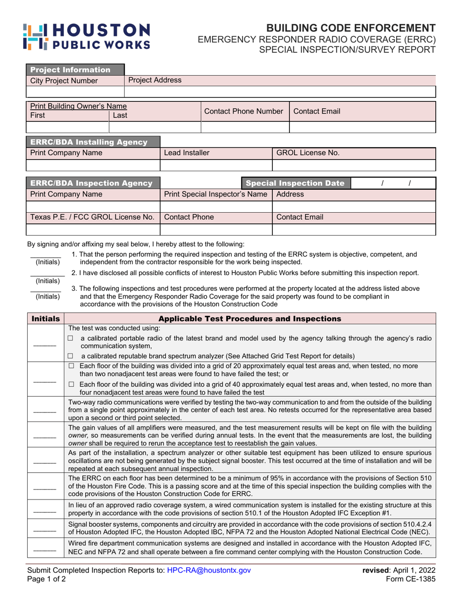 Form Ce 1385 Fill Out Sign Online And Download Fillable Pdf City Of Houston Texas 8910