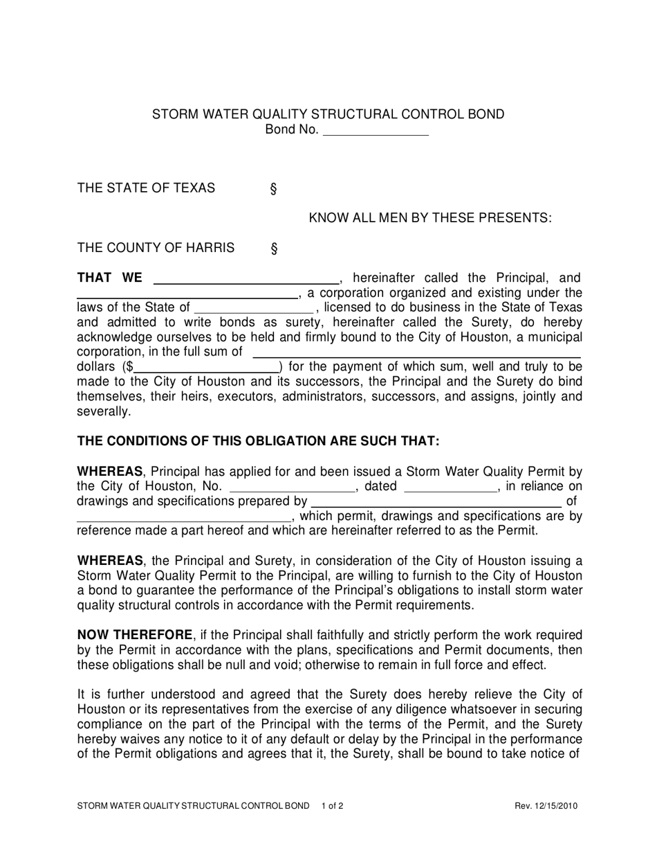Storm Water Quality Structural Control Bond - City of Houston, Texas, Page 1