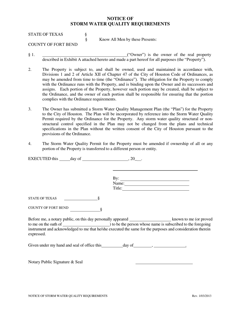Notice of Storm Water Quality Requirements - County of Fort Bend - City of Houston, Texas, Page 1