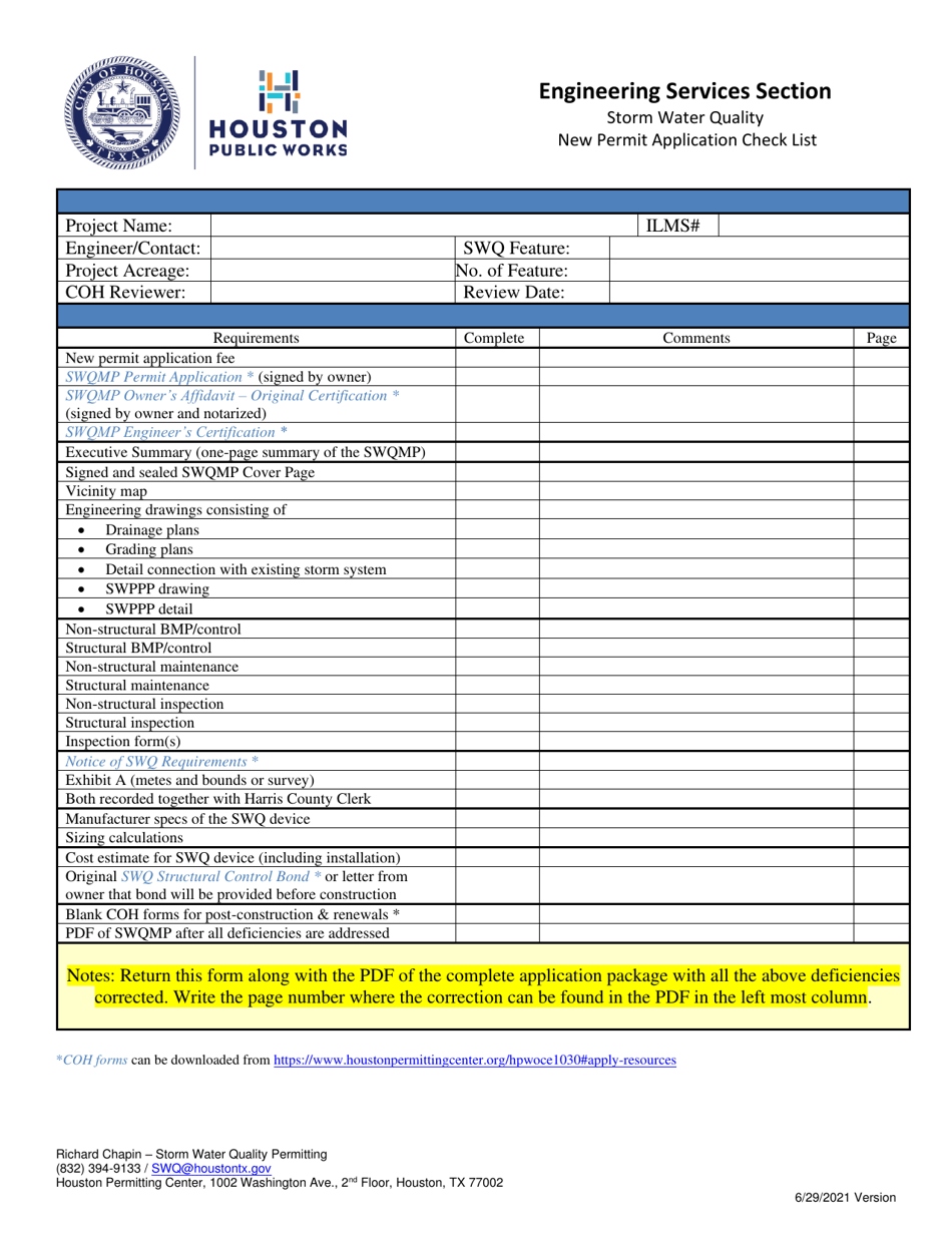 Storm Water Quality New Permit Application Check List - City of Houston, Texas, Page 1