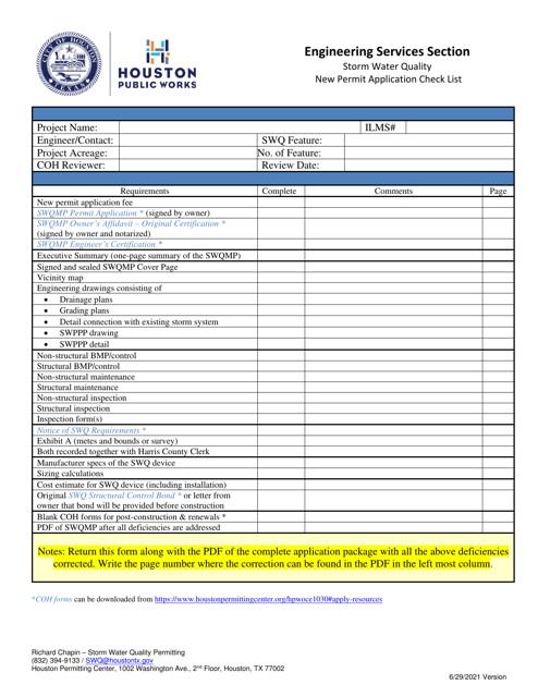 Storm Water Quality New Permit Application Check List - City of Houston, Texas