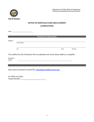 Document preview: Notice of Sidewalk Panel Replacement (Completion) - City of Houston, Texas