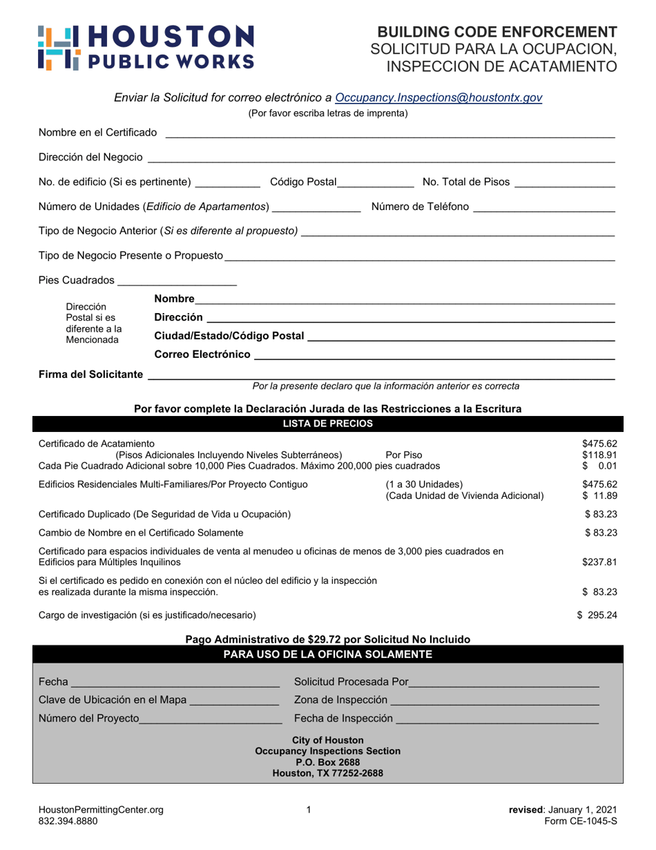 Form CE-1045-S Solicitud Para La Ocupacion, Inspeccion De Acatamiento - City of Houston, Texas (English / Spanish), Page 1