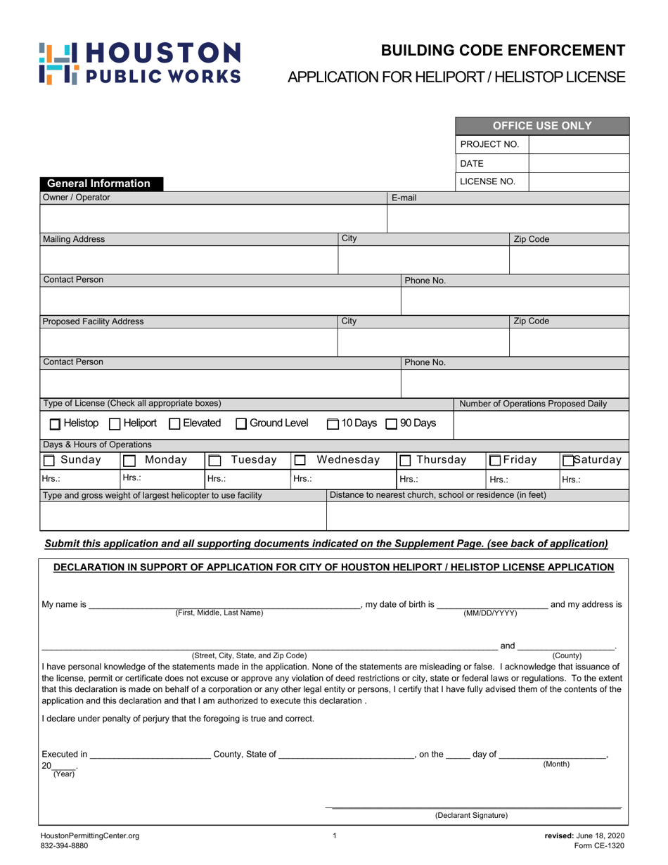 Form CE-1320 Application for Heliport / Helistop License - City of Houston, Texas, Page 1