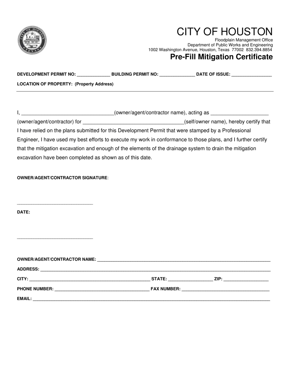 Pre-fill Mitigation Certificate - City of Houston, Texas, Page 1