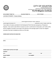 Document preview: Pre-fill Mitigation Certificate - City of Houston, Texas