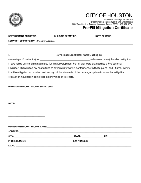 Pre-fill Mitigation Certificate - City of Houston, Texas