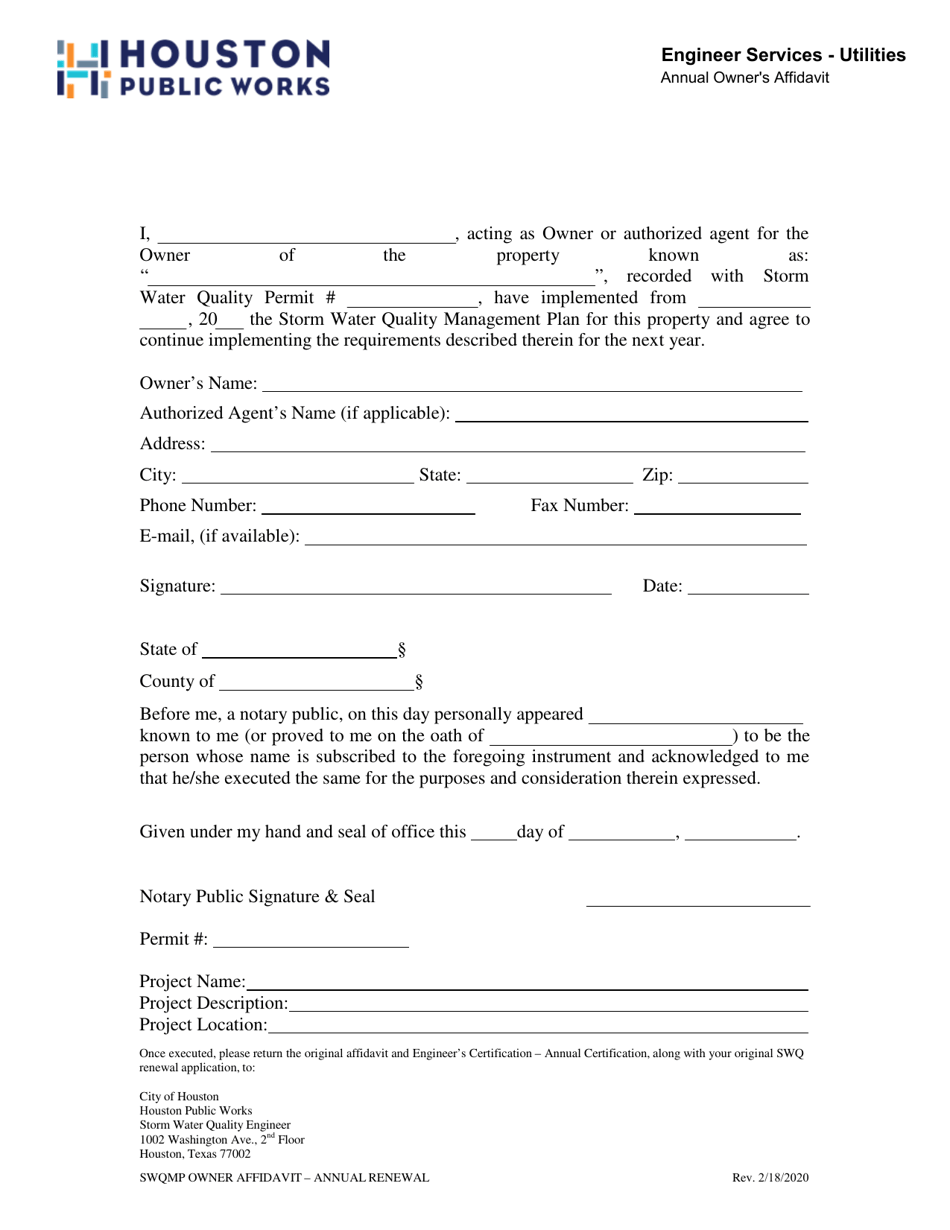 Annual Owners Affidavit - City of Houston, Texas, Page 1