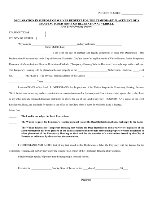 Document preview: Declaration in Support of Waiver Request for the Temporary Placement of a Manufactured Home or Recreational Vehicle - City of Houston, Texas