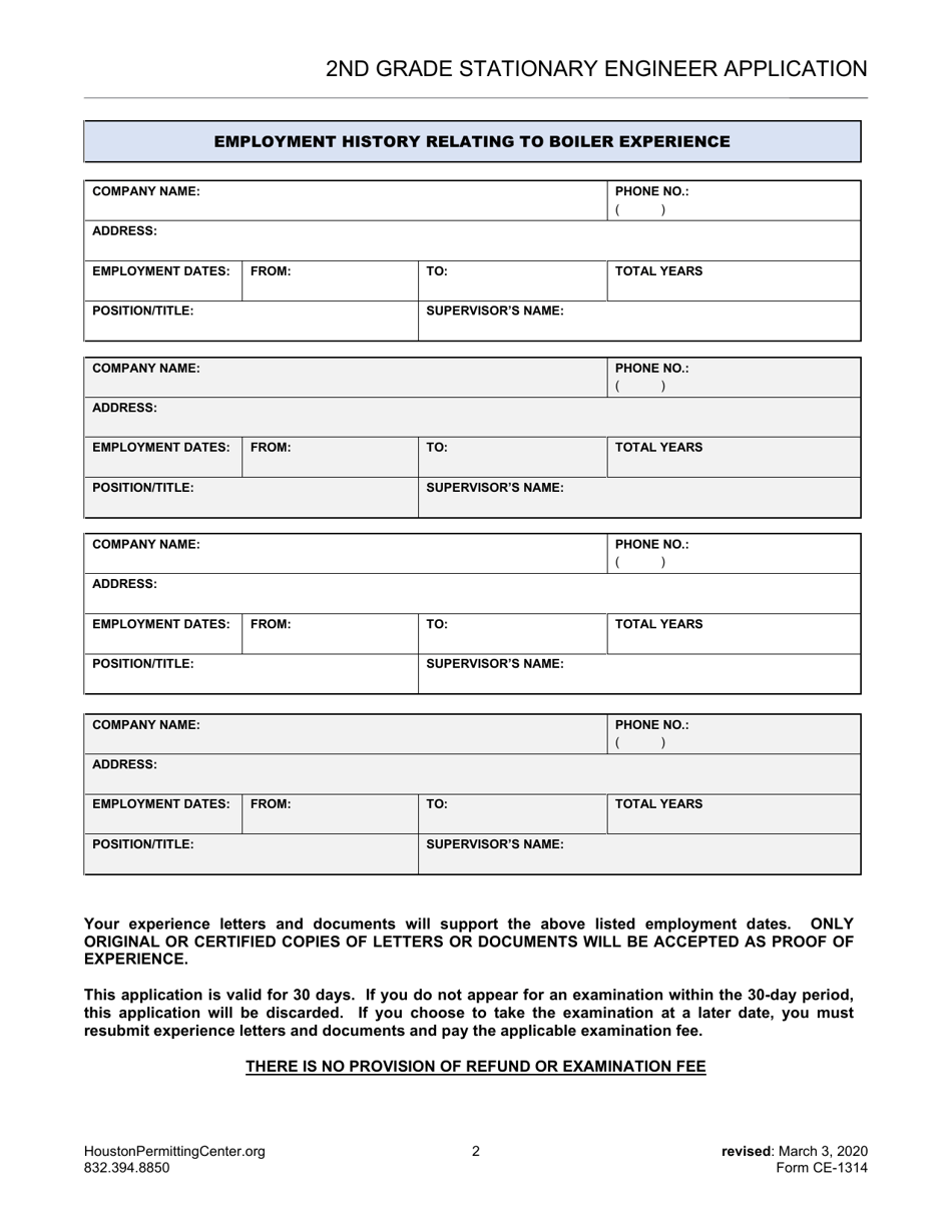 Form CE-1314 Second Grade Stationary Engineer Application - City of Houston, Texas, Page 2