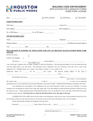 Document preview: Form CE-1184 Application for a Manufactured Home Park License - City of Houston, Texas