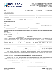 Form CE-1184 Application for a Manufactured Home Park License - City of Houston, Texas