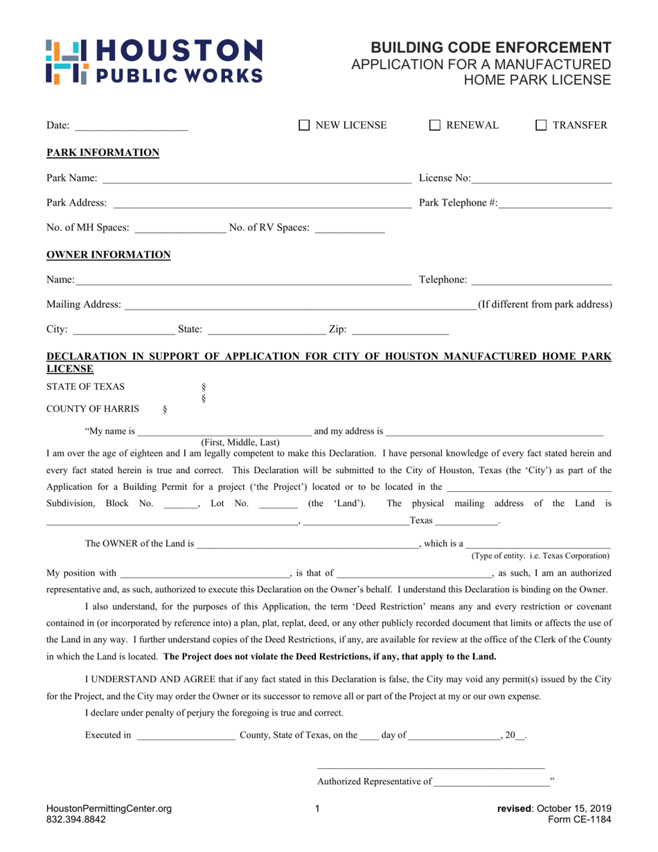Form CE-1184 Application for a Manufactured Home Park License - City of Houston, Texas, Page 1