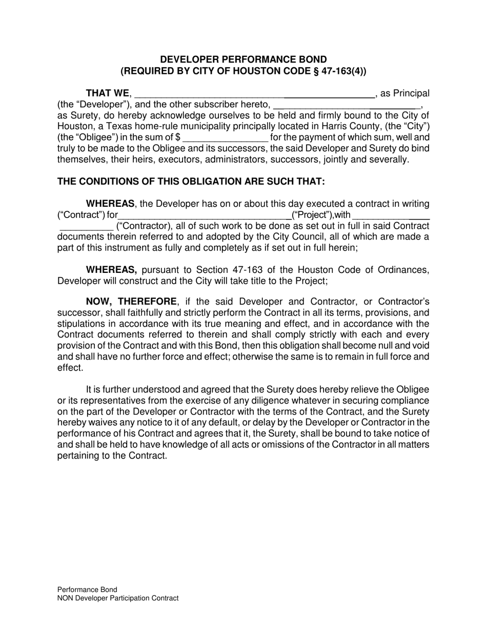 Developer Performance Bond - Non Developer Participation Contract - City of Houston, Texas, Page 1