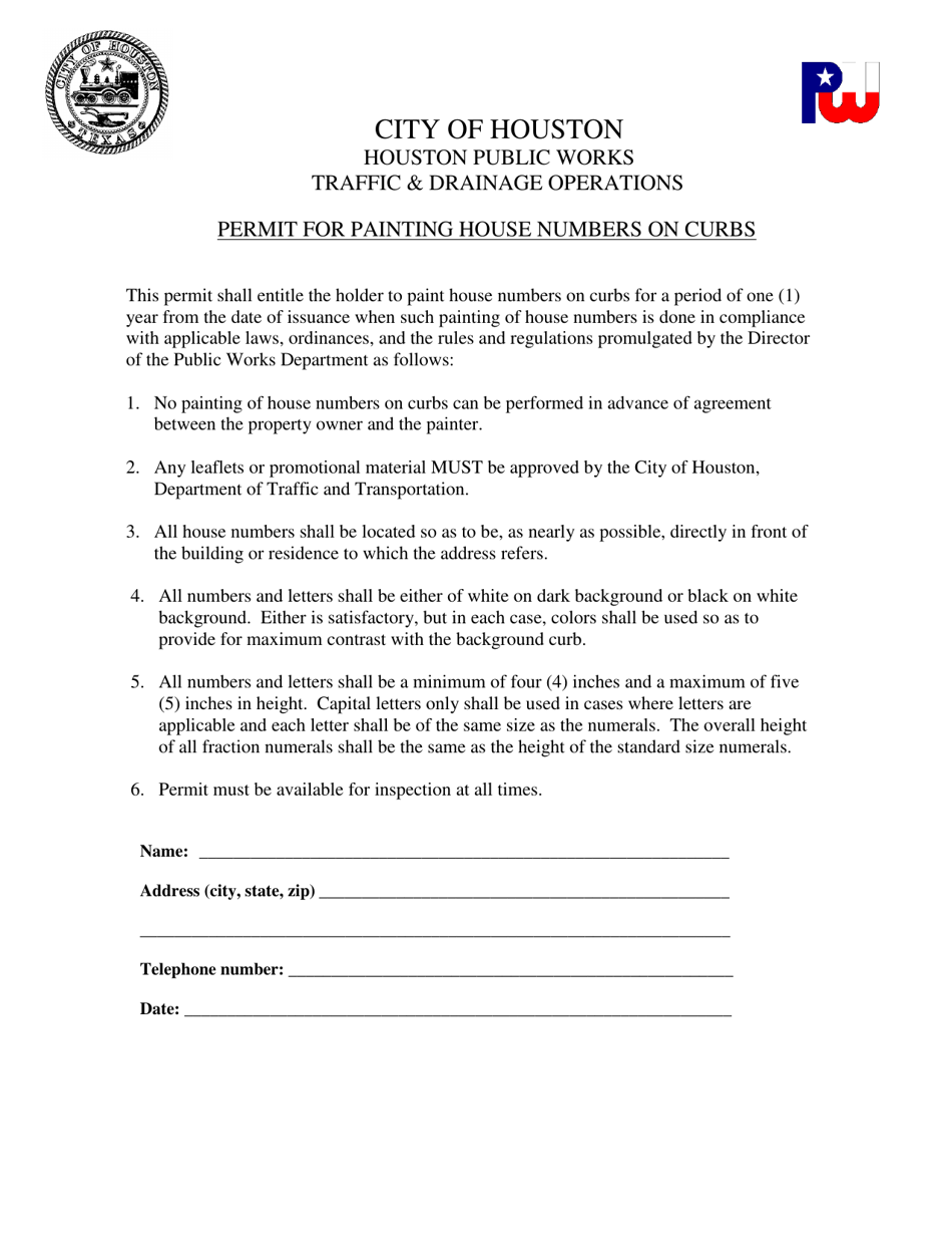 City of Houston, Texas Permit for Painting House Numbers on Curbs