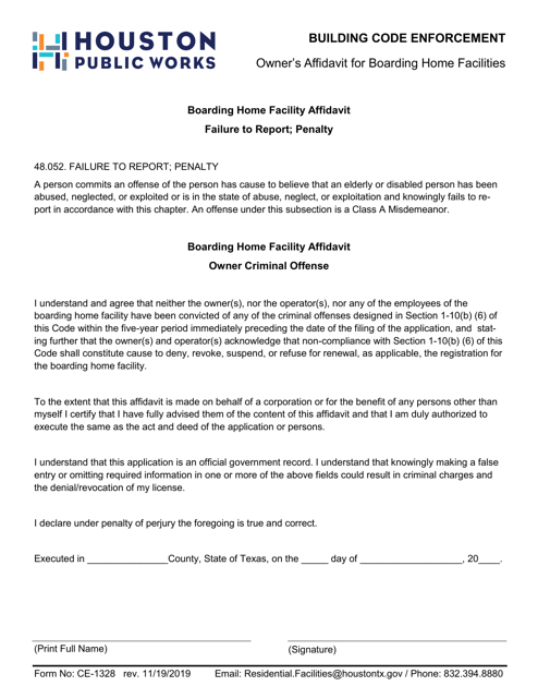 Form CE-1328 Owner's Affidavit for Boarding Home Facilities - City of Houston, Texas