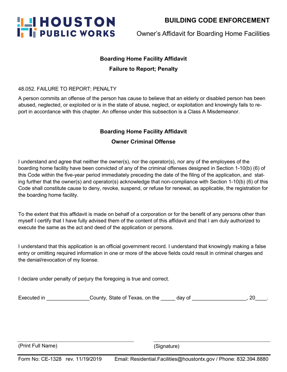 Form CE1328 Download Fillable PDF or Fill Online Owner's Affidavit for Boarding Home Facilities