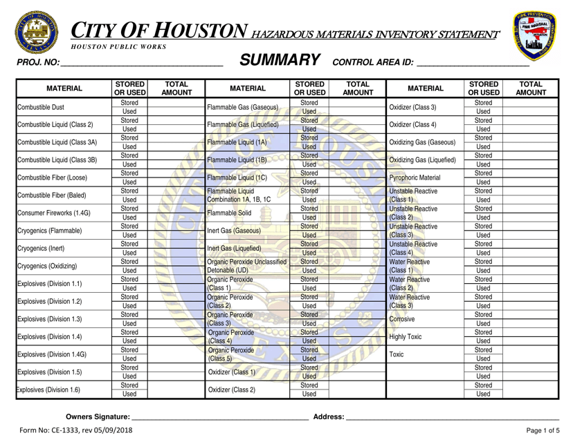 Form CE-1333 Hazardous Materials Inventory Statement - City of Houston, Texas