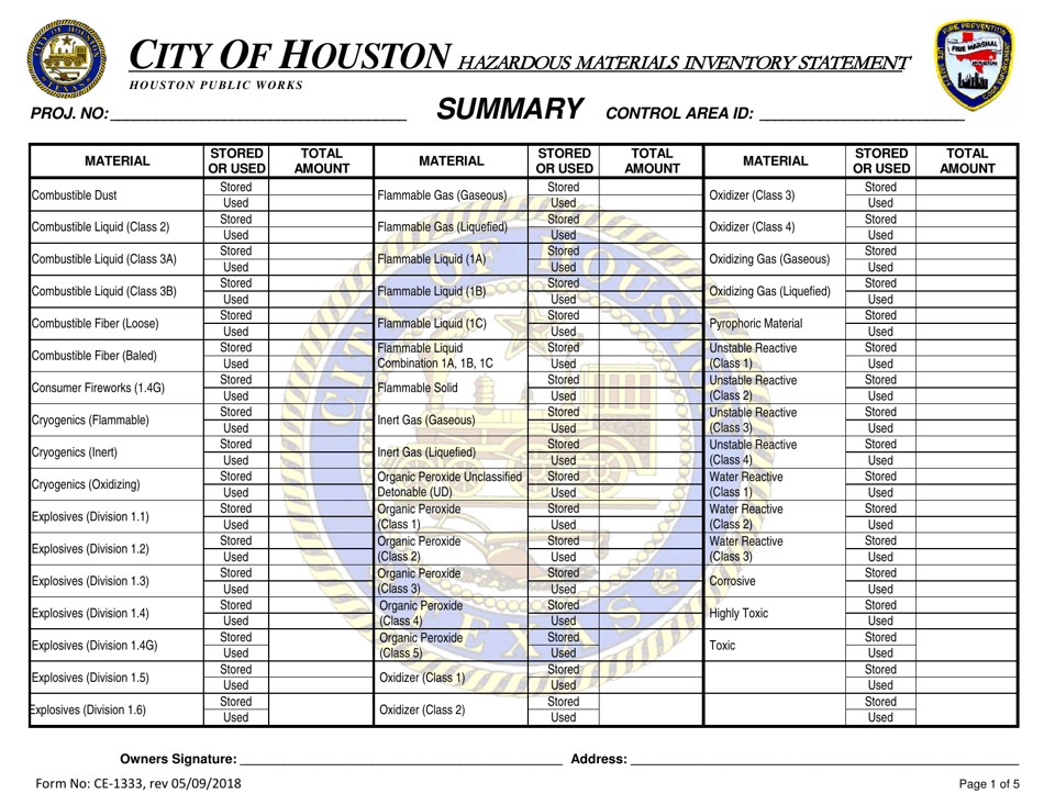 Form CE-1333 Hazardous Materials Inventory Statement - City of Houston, Texas, Page 1