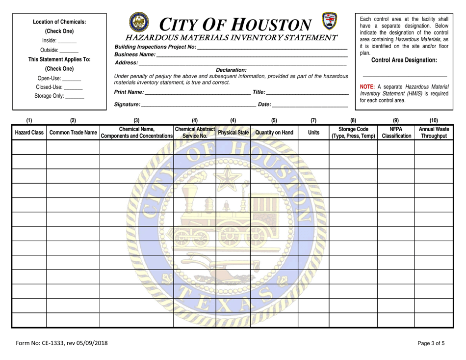 Form CE-1333 Hazardous Materials Inventory Statement - City of Houston, Texas, Page 3