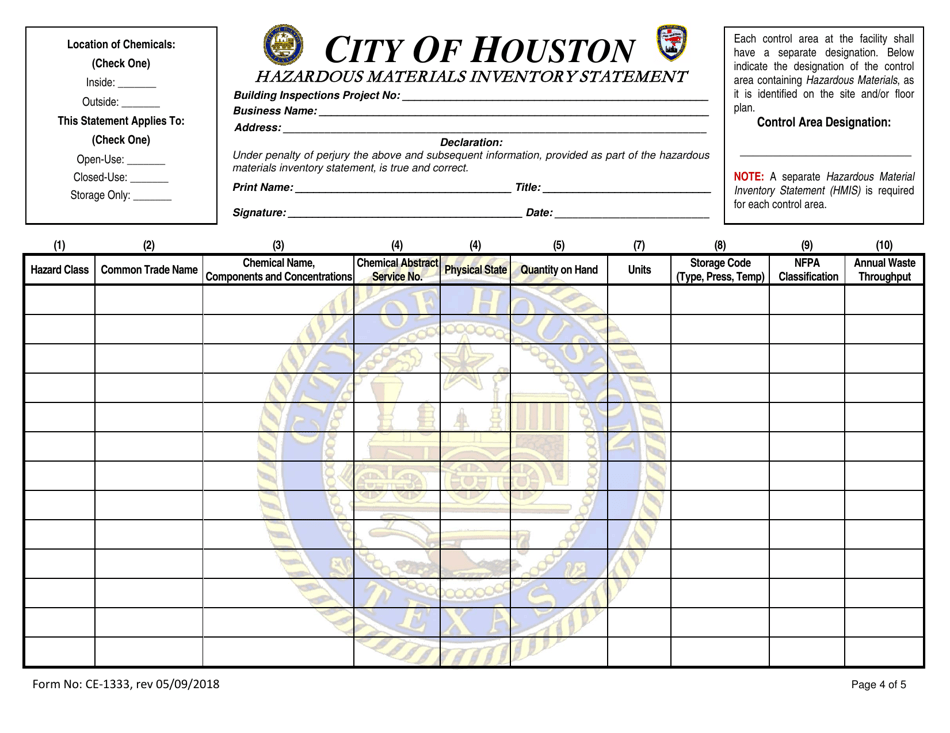Form CE-1333 Hazardous Materials Inventory Statement - City of Houston, Texas, Page 4