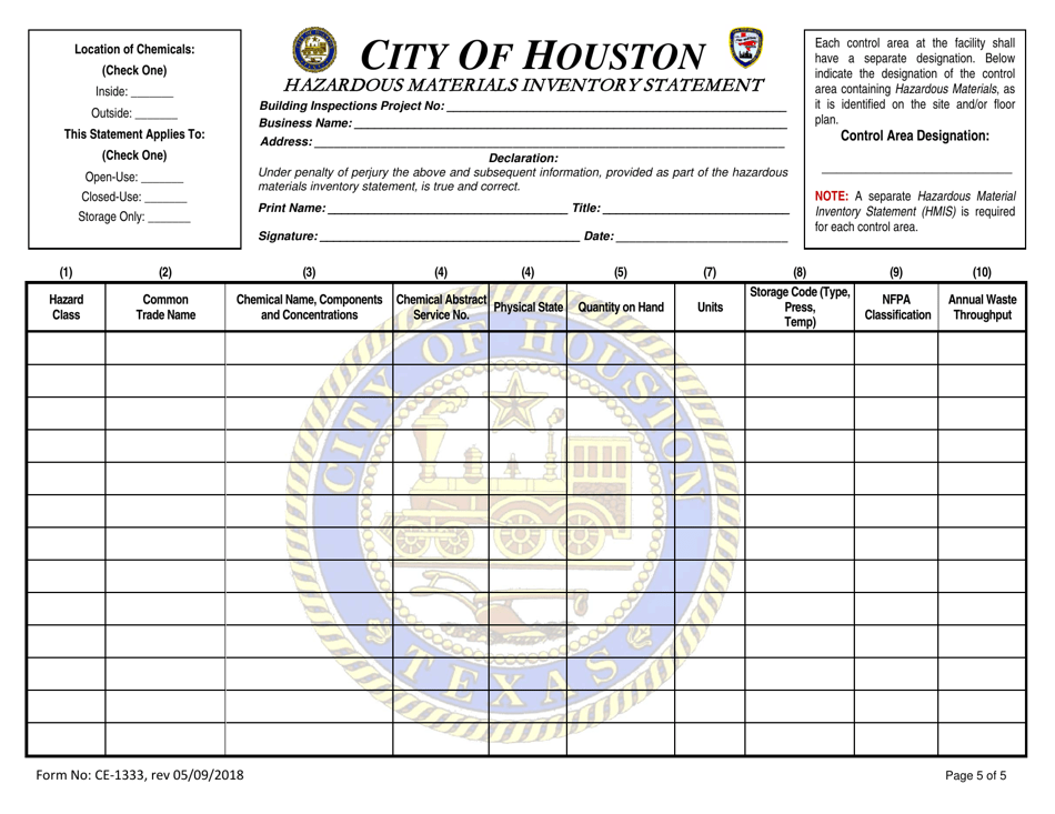 Form CE-1333 Hazardous Materials Inventory Statement - City of Houston, Texas, Page 5