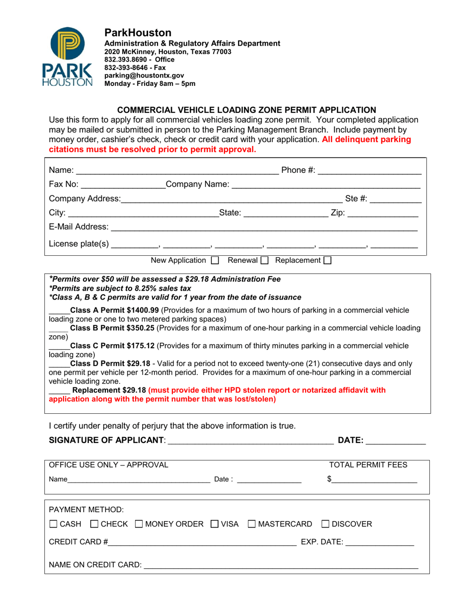 Commercial Vehicle Loading Zone Permit Application - City of Houston, Texas, Page 1