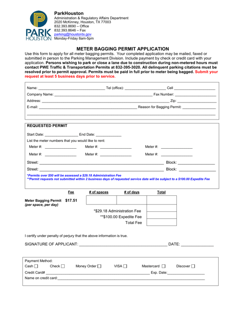 Meter Bagging Permit Application - City of Houston, Texas Download Pdf