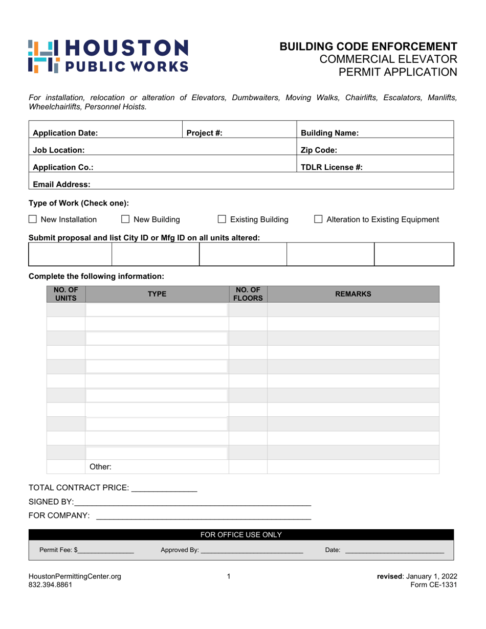 Form CE-1331 Commercial Elevator Permit Application - City of Houston, Texas, Page 1
