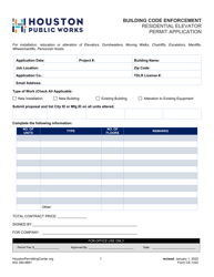 Document preview: Form CE-1332 Residential Elevator Permit Application - City of Houston, Texas