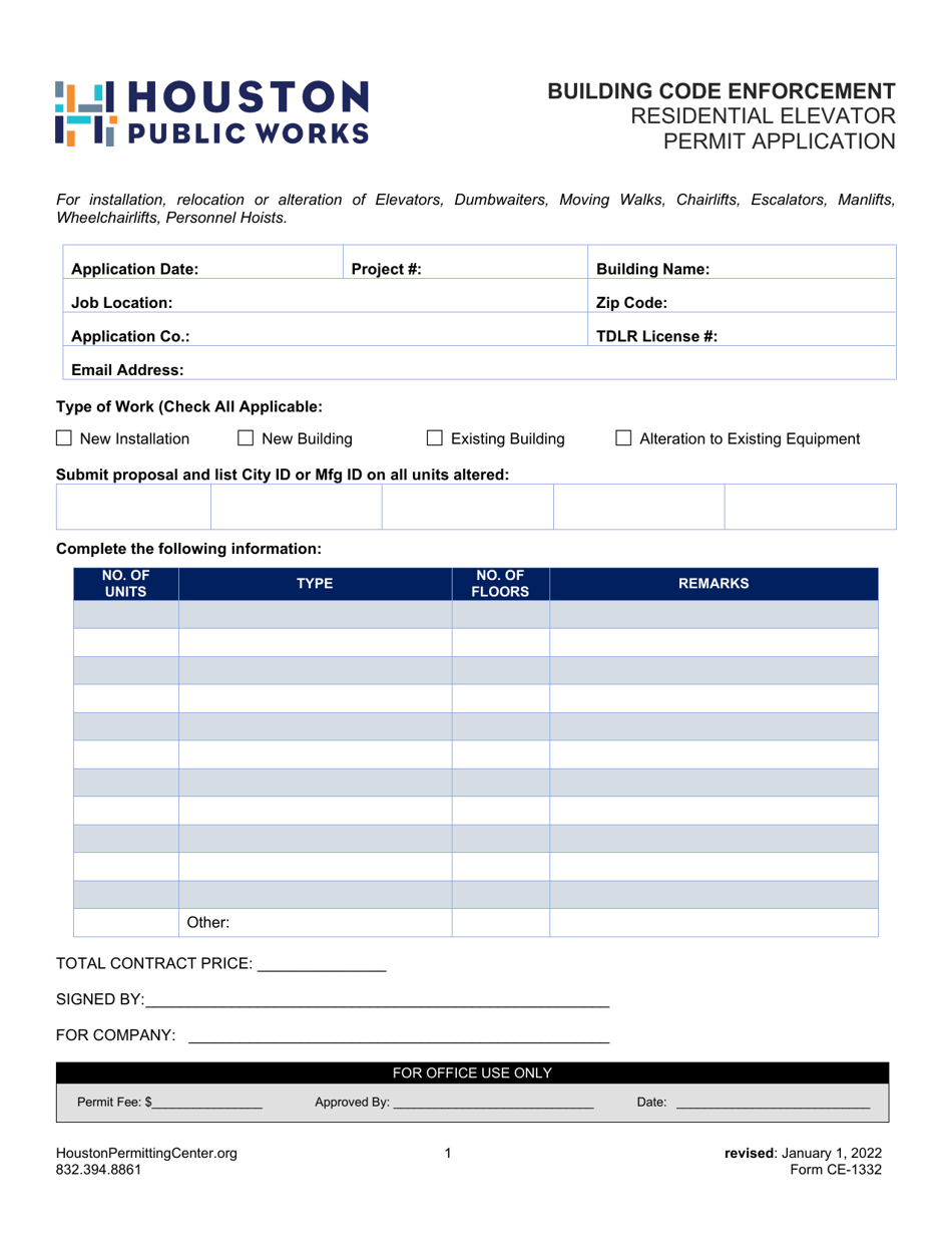 Form CE-1332 Residential Elevator Permit Application - City of Houston, Texas, Page 1