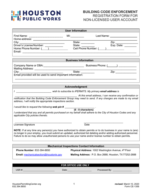 Form CE-1356 Registration Form for Non-licensed User Account - City of Houston, Texas