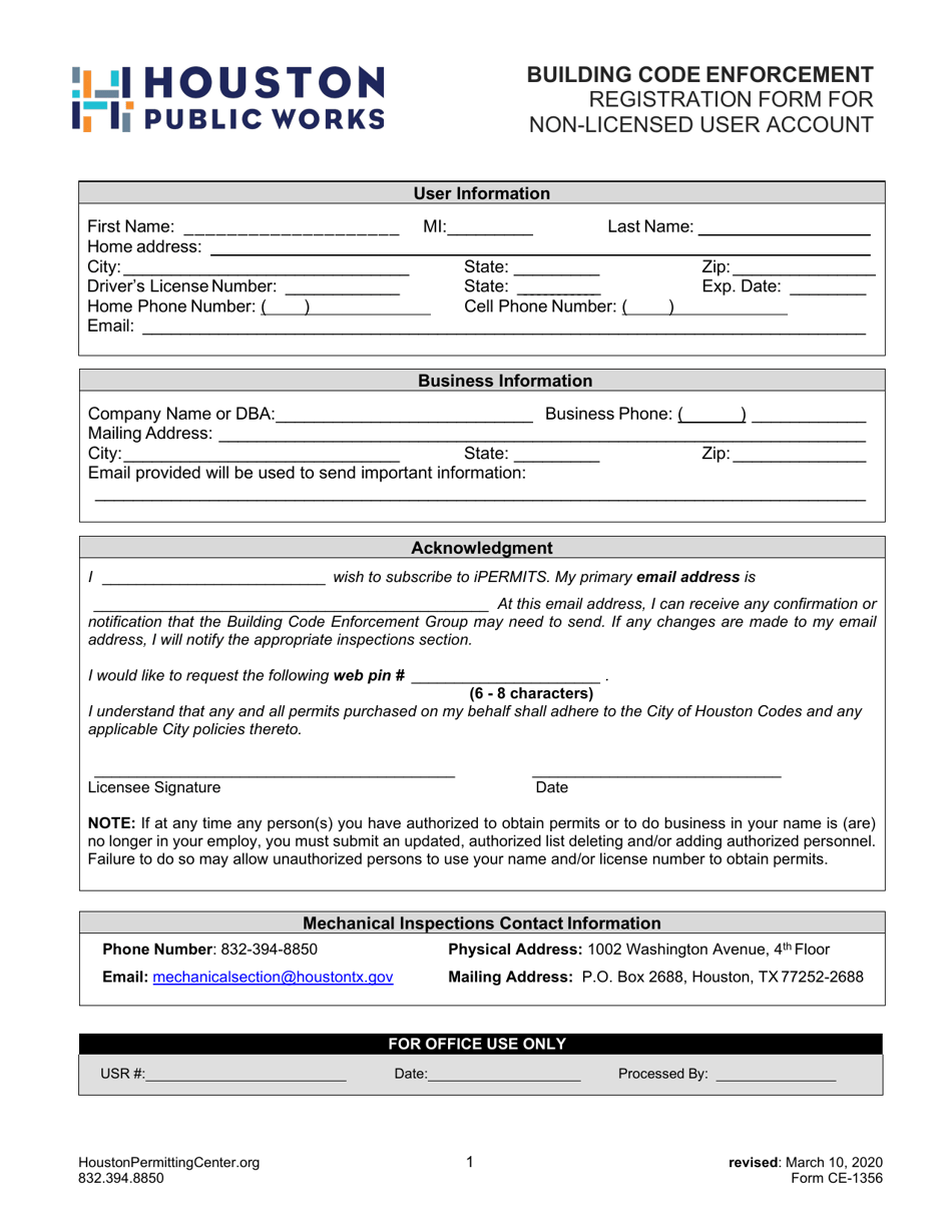 Form CE-1356 Registration Form for Non-licensed User Account - City of Houston, Texas, Page 1