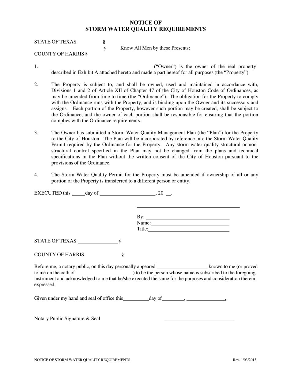 City Of Houston Texas Notice Of Storm Water Quality Requirements County Of Harris Fill Out 2217