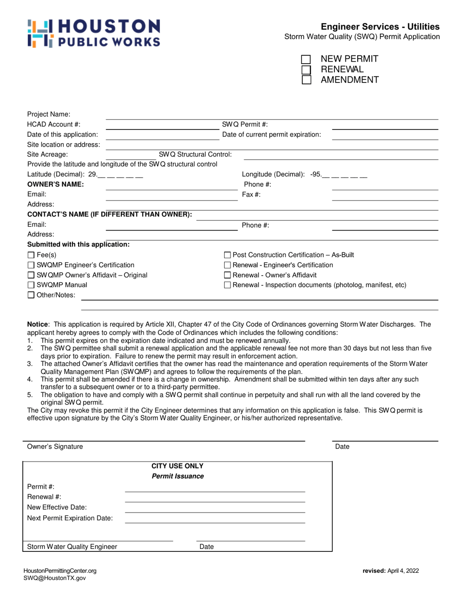 Storm Water Quality (Swq) Permit Application - City of Houston, Texas, Page 1