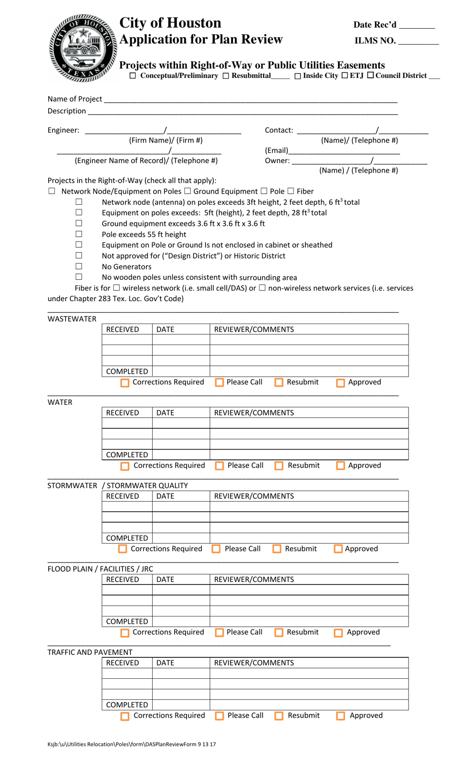 City Of Houston Texas Application For Plan Review Projects Within Right Of Way Or Public 3607