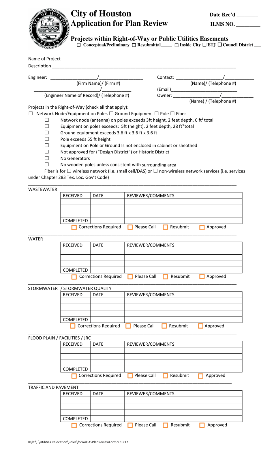 Application for Plan Review - Projects Within Right-Of-Way or Public Utilities Easements - City of Houston, Texas, Page 1