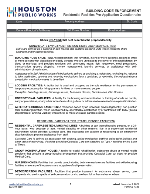 Form CE-1326 Residential Facilities Pre-application Questionnaire - City of Houston, Texas